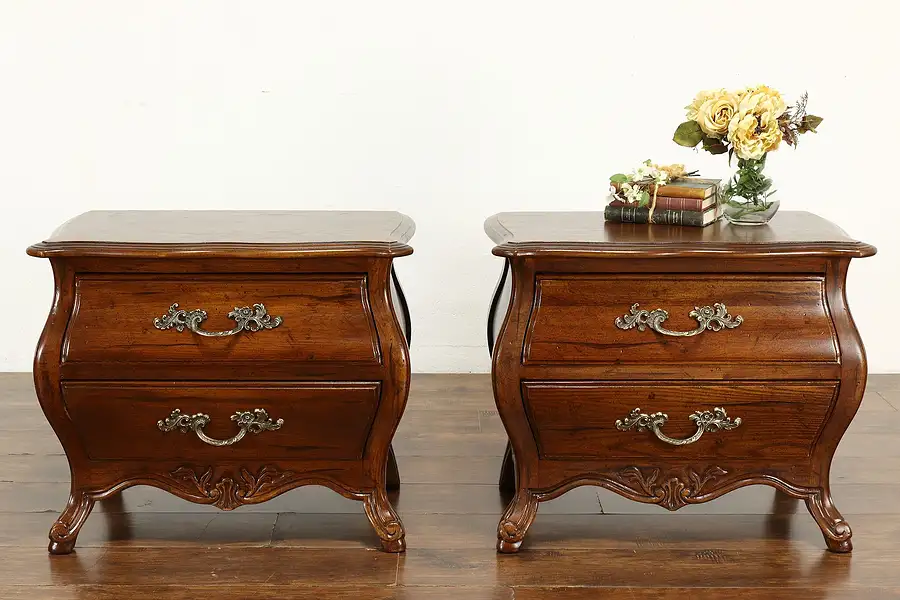 Main image of Pair of Bombe Country French Carved Chests, Nightstands or Lamp Tables