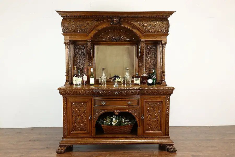 Main image of Renaissance Hand Carved Antique Oak Back Bar, China Cabinet, Sideboard