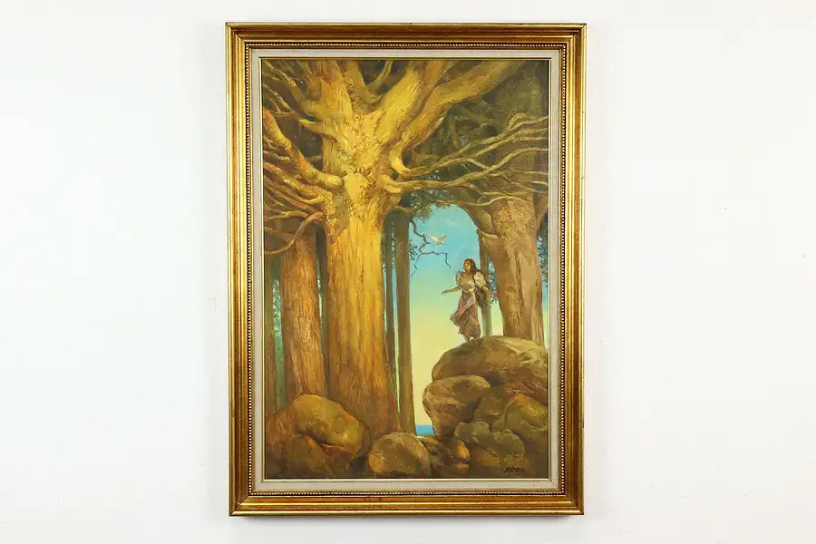 Main image of Scene with Tree, Woman & Dove Vintage Original Oil Painting, Ader 37"