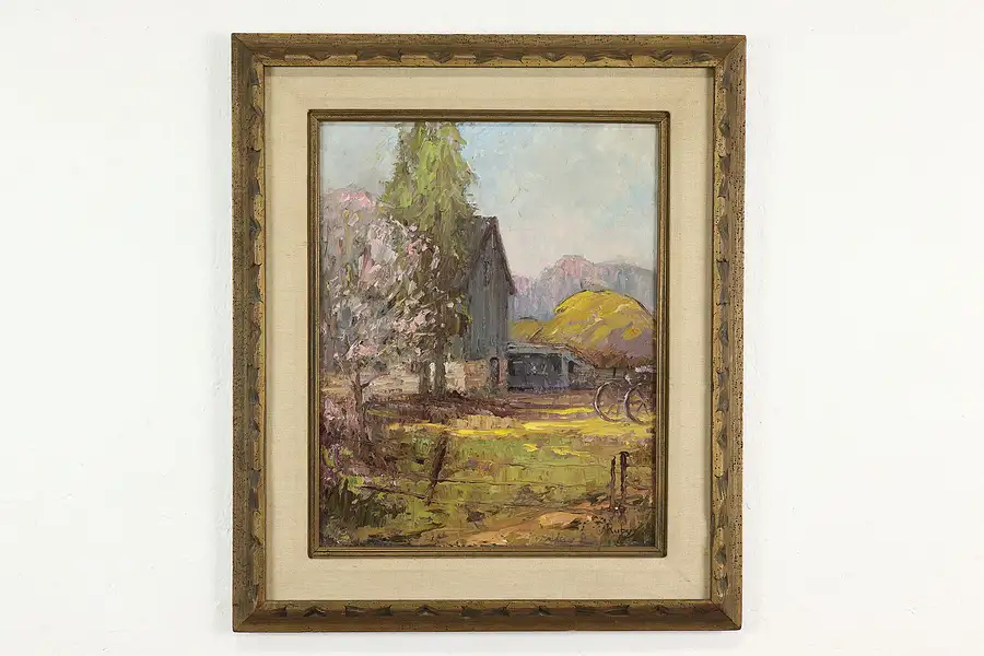 Main image of Farmyard & Mountain Scene Original Vintage Oil Painting, Ruby 27.5"