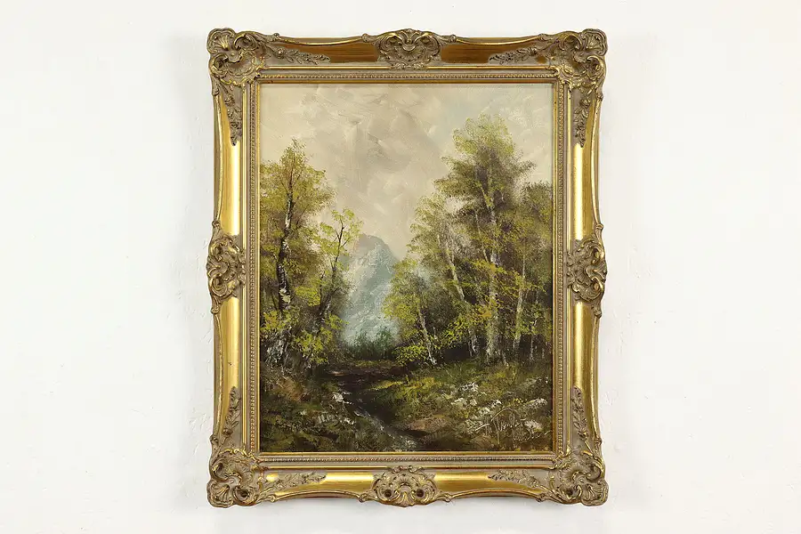 Main image of Forest & Mountain Spring Landscape Vintage Original Oil Painting 25"