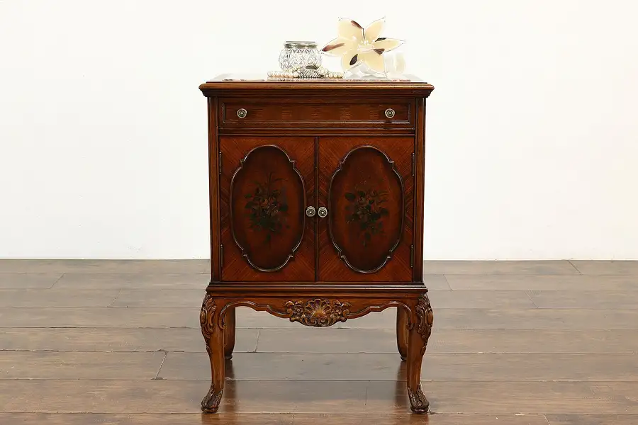 Main image of French Style Antique Marquetry Nightstand, End or Lamp Table, Marble Top