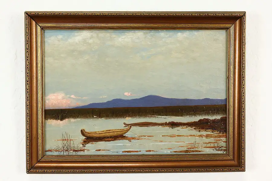 Main image of Lake with Canoe & Mountains Original Vintage Oil Painting Rubina 18"