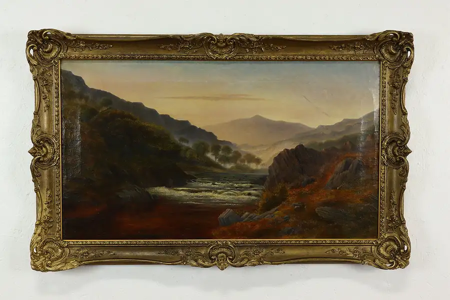 Main image of Mountain Valley with River Waterfall Original Antique Oil Painting 42"