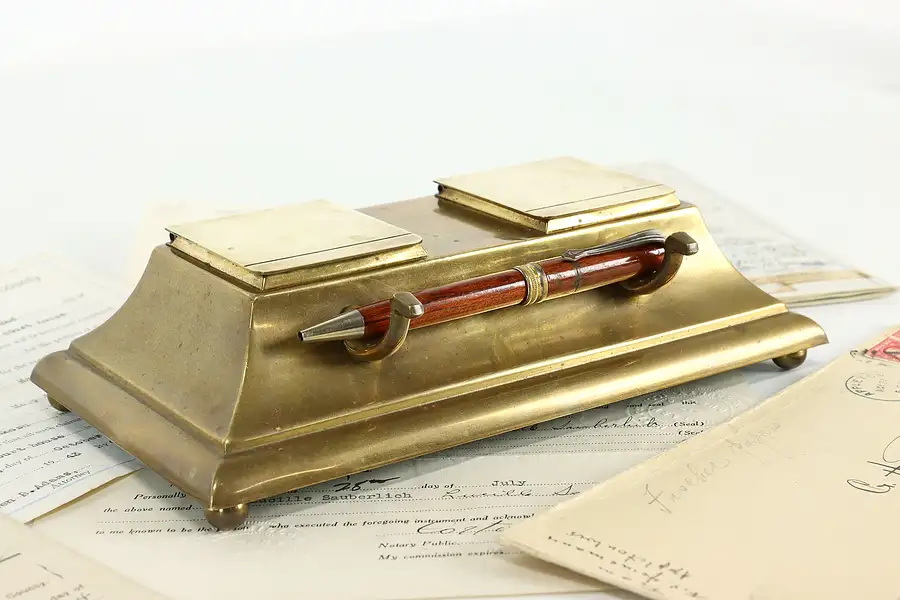 Main image of Brass Antique Double Inkwell & Pen Holder, Bradley & Hubbard