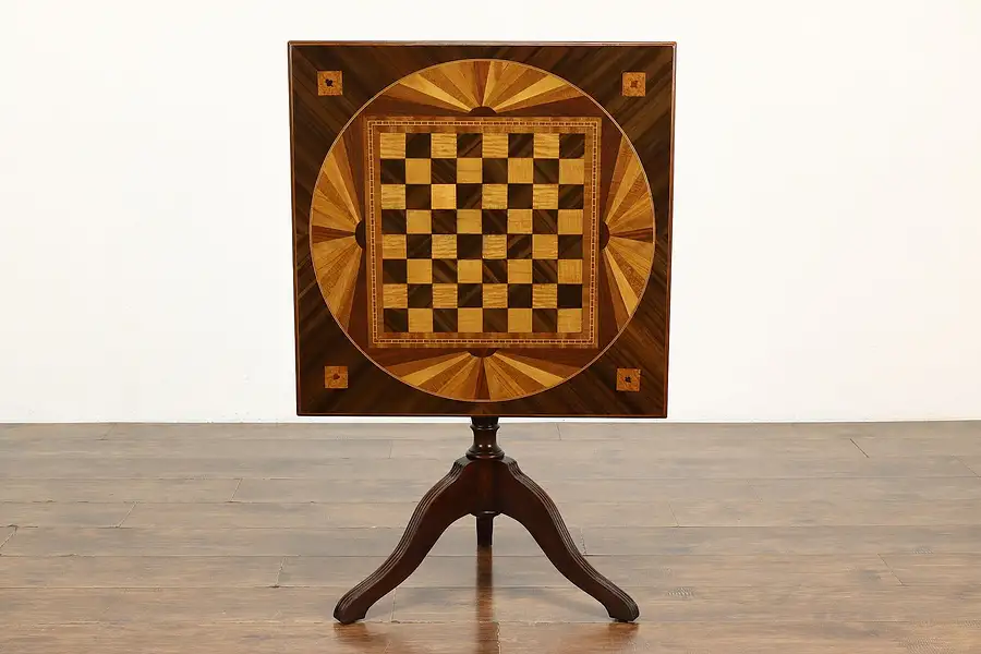 Main image of Chess or Checkers Vintage Marquetry Flip Top Game Table, Drink Coasters