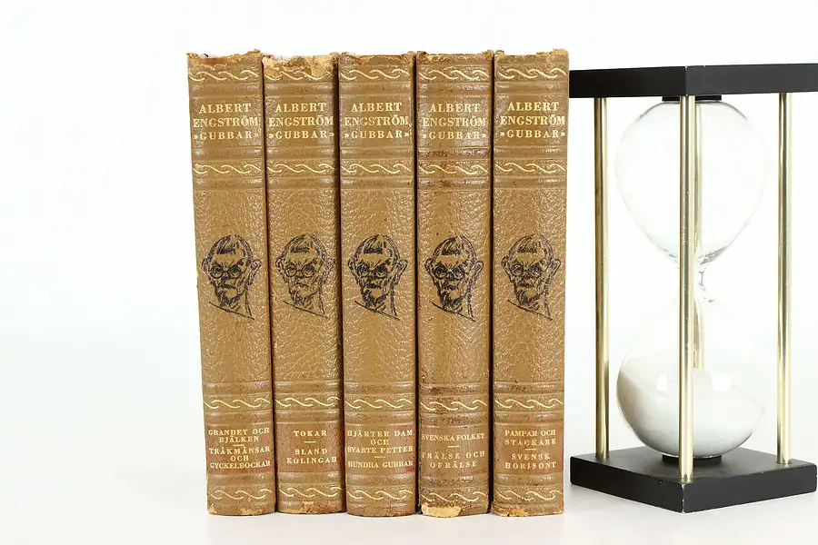 Main image of Set of 5 Vintage Leatherbound Swedish Caricature Books, Gubbar Engstrom