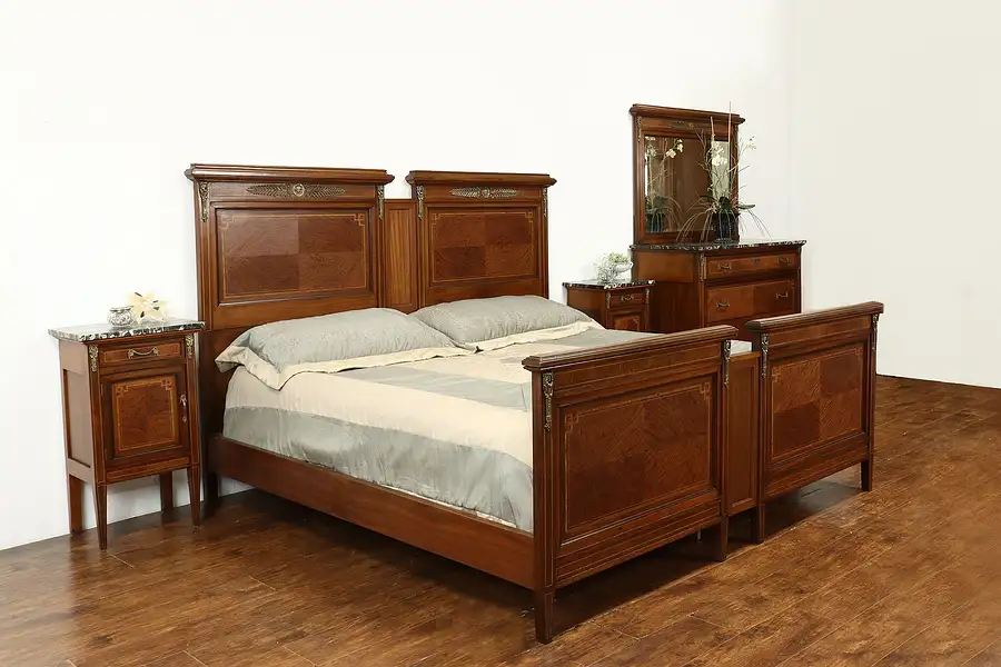 Main image of Italian Rosewood Antique 4 Pc Bedroom Set, Marble Tops, King Size Bed