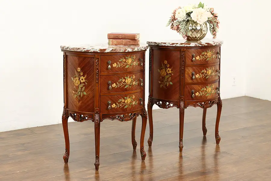 Main image of Pair of French Design Marble Top Demilune Nightstands or End Tables