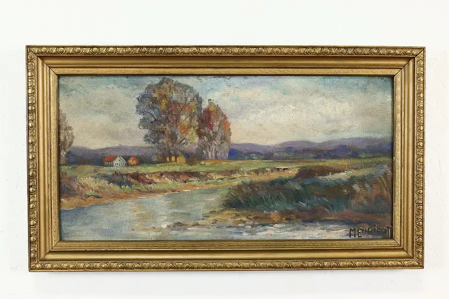 Main image of Cottages Along a Riverbank Antique Original Oil Painting, Endicott 27.5"