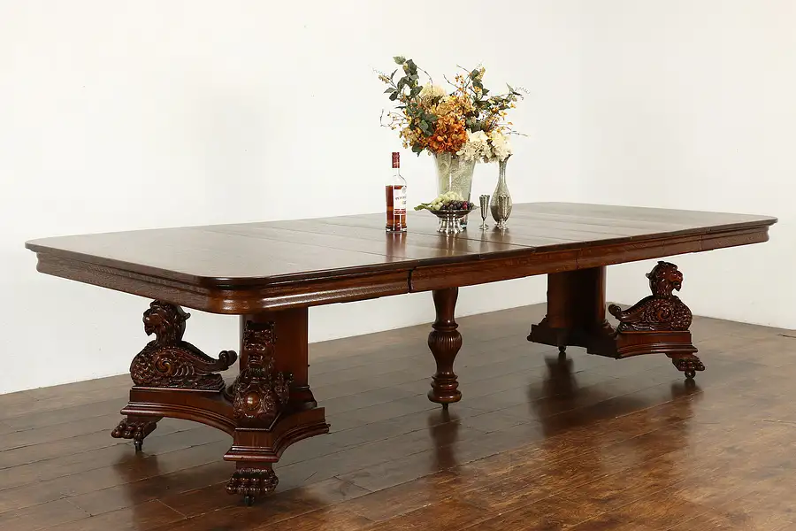 Main image of Renaissance Antique Oak 54" Dining Table, Carved Dragons, Extends 10'