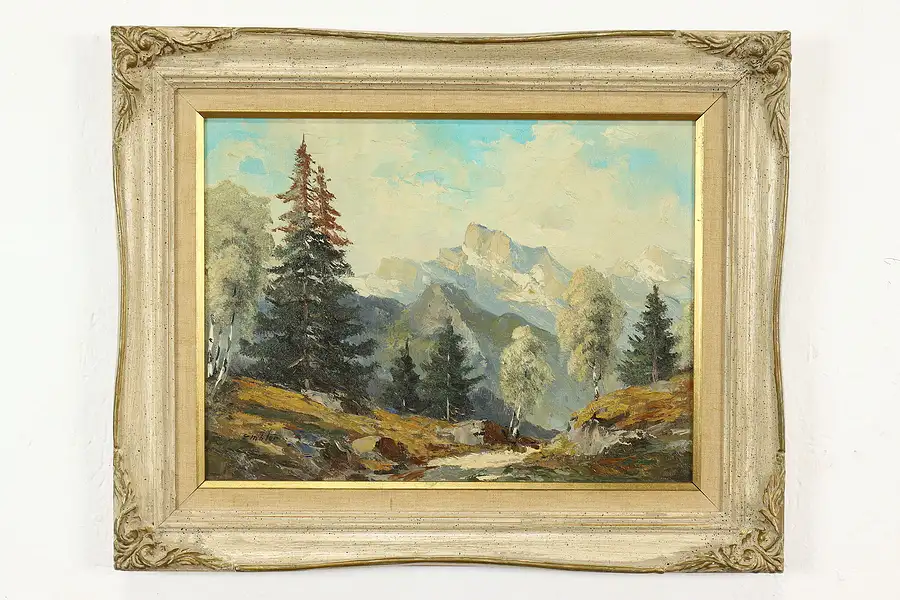 Main image of Alps Mountain Landscape Vintage Original Oil Painting, Embler 21"