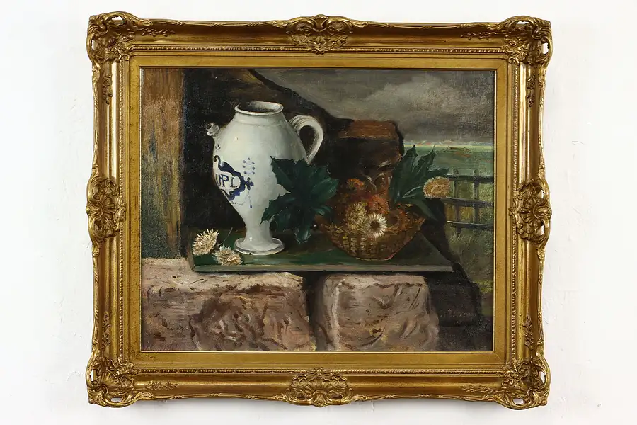 Main image of Still Life of Vase & Flowers Antique Original Oil Painting, Oldeman 25"