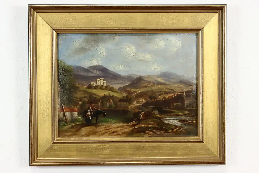 Main image of Spanish Village, River & Castle Antique Original Oil Painting 23"