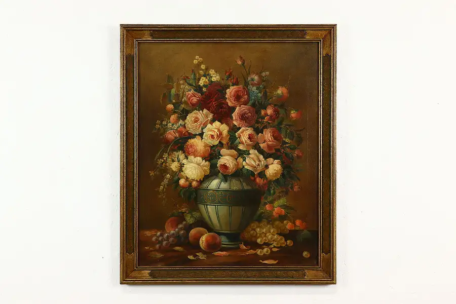 Main image of Still Life Roses & Fruit Antique Original Oil Painting 1923 Pascual 30"