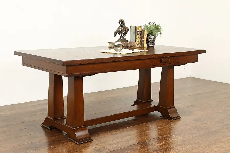 Main image of Craftsman Antique Oak Office Partner Desk, Library or Conference Table