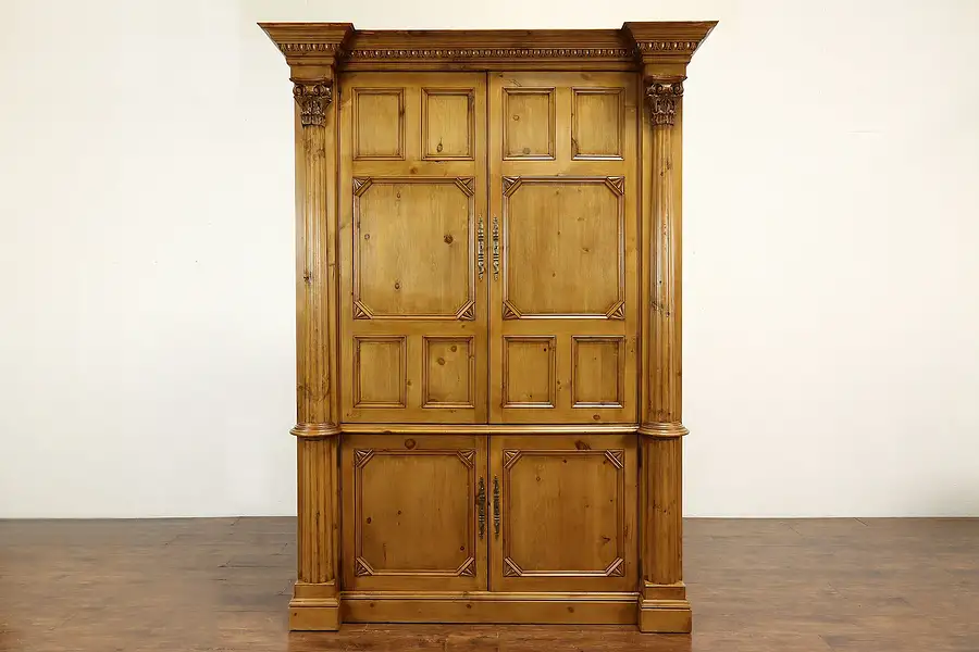 Main image of Farmhouse Vintage Carved Pine Armoire, Entertainment Center, Wardrobe