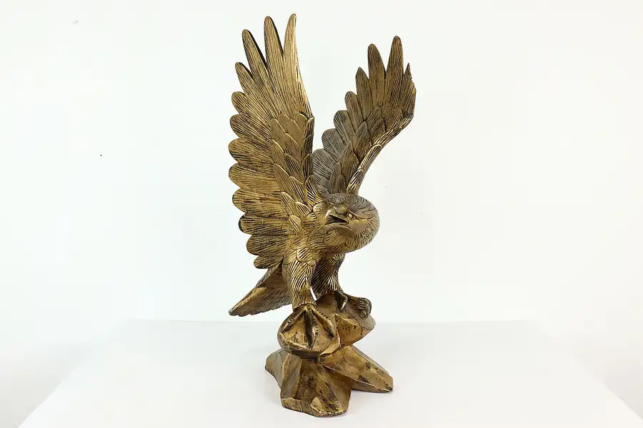 Main image of Eagle in Flight Statue Vintage Hand Carved Sculpture, Gold Finish