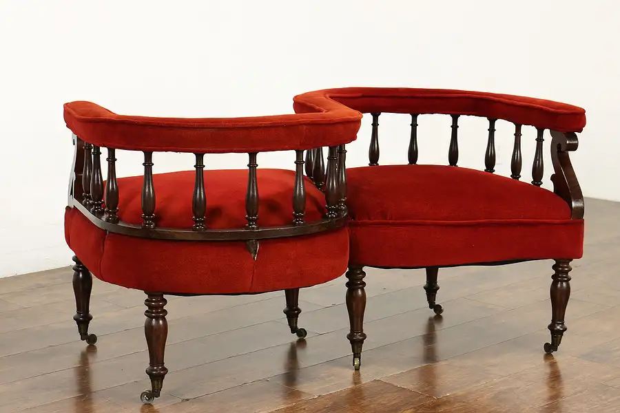 Main image of Victorian Rosewood Tête-à-Tête Antique Double Chair S Shape Sofa, Velvet