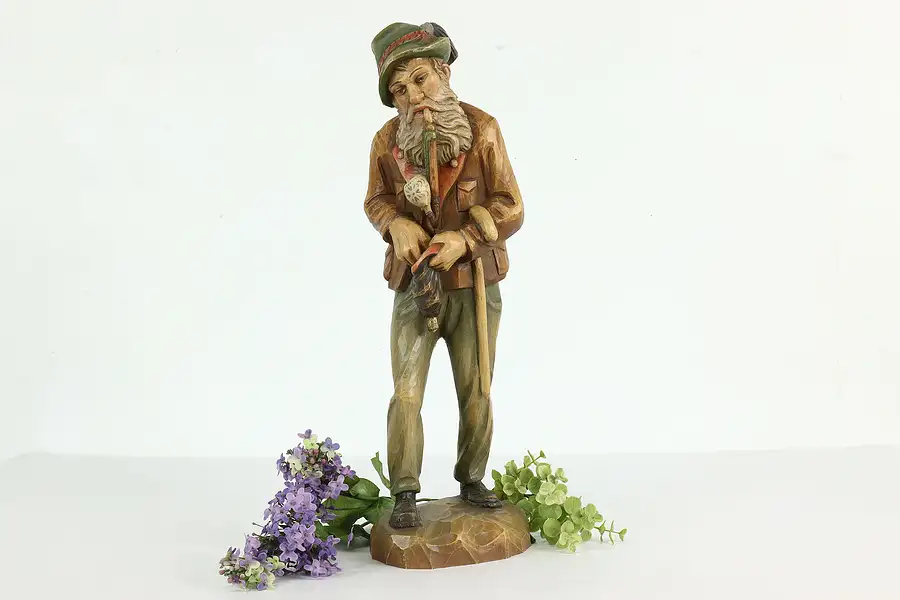 Main image of Alpine Man Pipe & Cane Hand Carved Vintage 20" Folk Art Sculpture