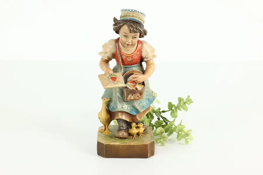 Main image of Swiss Hand Carved Vintage Folk Art Statue, Mail Girl & Ducks Sculpture