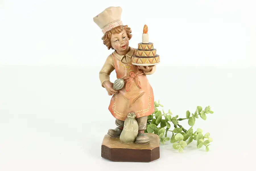 Main image of Swiss Hand Carved Vintage Folk Art Statue, Bakery Boy Sculpture