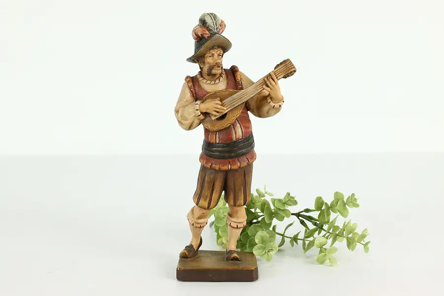 Main image of Swiss Hand Carved Vintage Folk Art Statue, Lute Player Sculpture