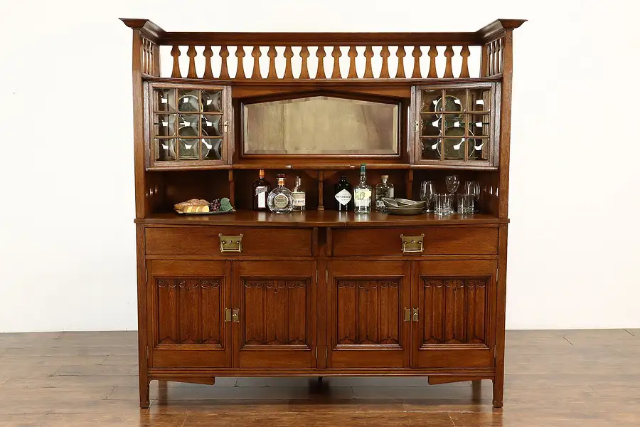 Main image of Arts & Crafts Antique Oak Dutch Backbar Server Sideboard, Bar Cabinet