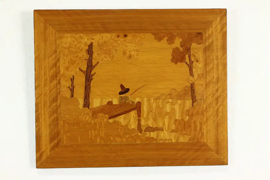 Main image of Boy Fishing Scene Vintage Marquetry Mahogany & Birdseye Plaque 16.5"