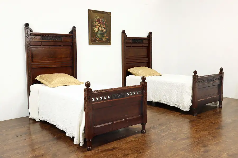 Main image of Pair of Victorian Eastlake Antique Carved Walnut & Burl Twin Single Beds