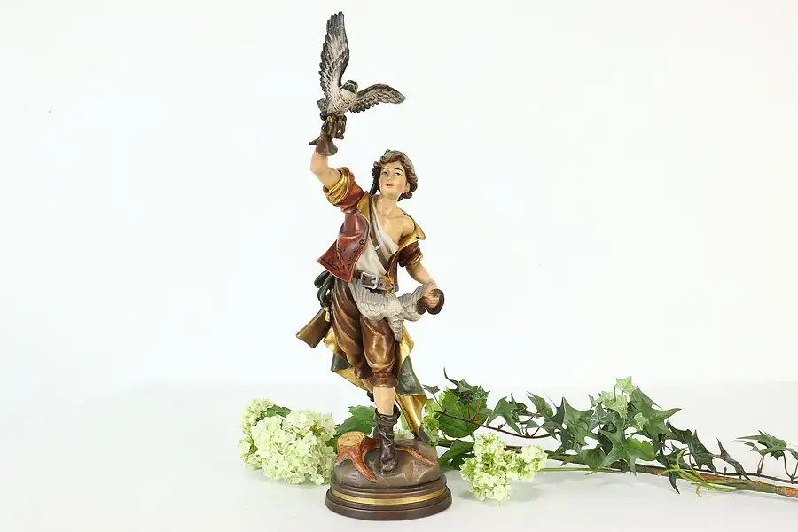 Main image of Swiss Hand Carved Vintage Folk Art Statue, Falconer & Bird Sculpture