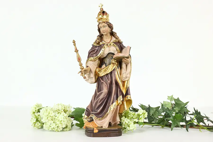 Main image of Swiss Hand Carved Vintage Folk Art Statue, Mary Queen of Heaven Sculpture