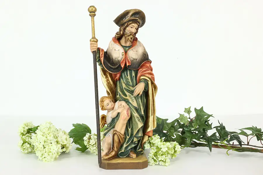 Main image of St. Roch Patron Saint of Dogs Vintage Hand Carved Sculpture, Staffler