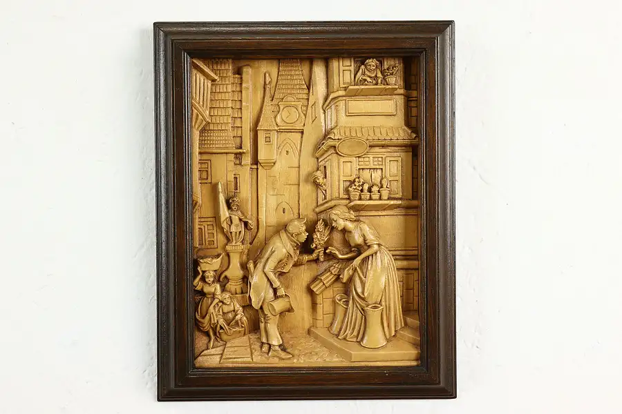 Main image of Man Giving Flowers German Vintage Carved Wall Plaque After Spitzweg