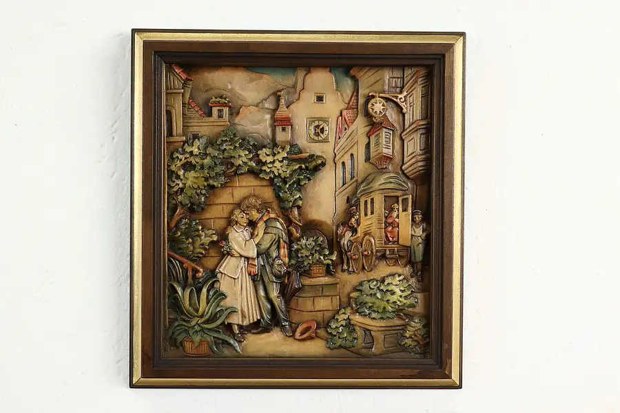 Main image of Young Lovers German Vintage Carved Wall Plaque After Spitzweg