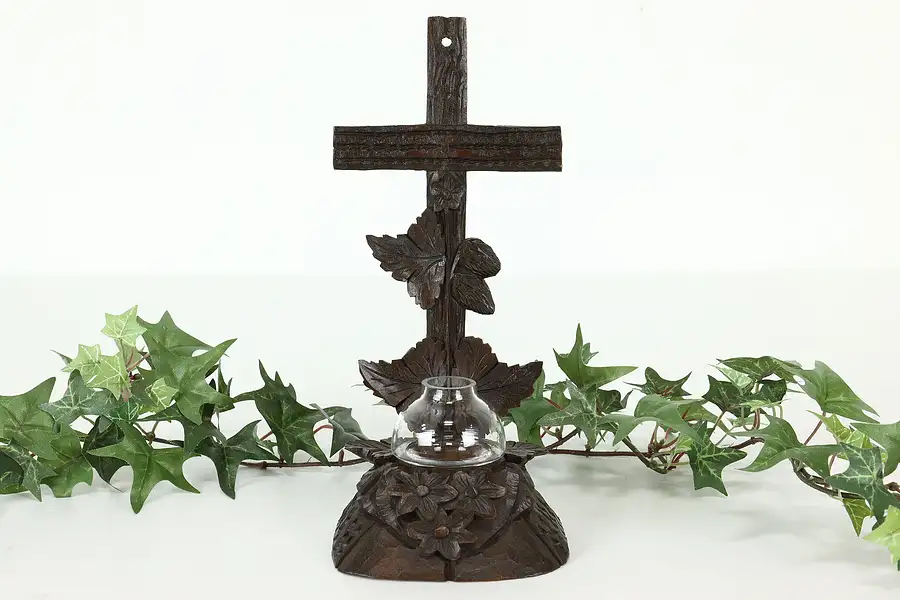 Main image of Black Forest Antique Hand Carved Cross with Glass Holy Water or Inkwell