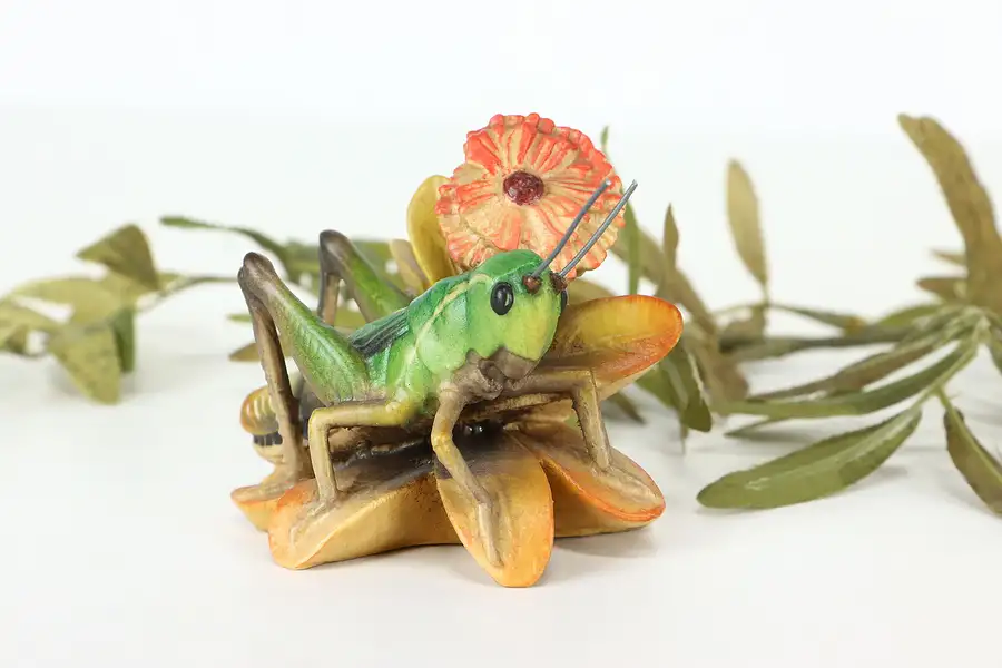 Main image of Swiss Hand Carved Vintage Folk Art Sculpture, Grasshopper & Flower, Dobin