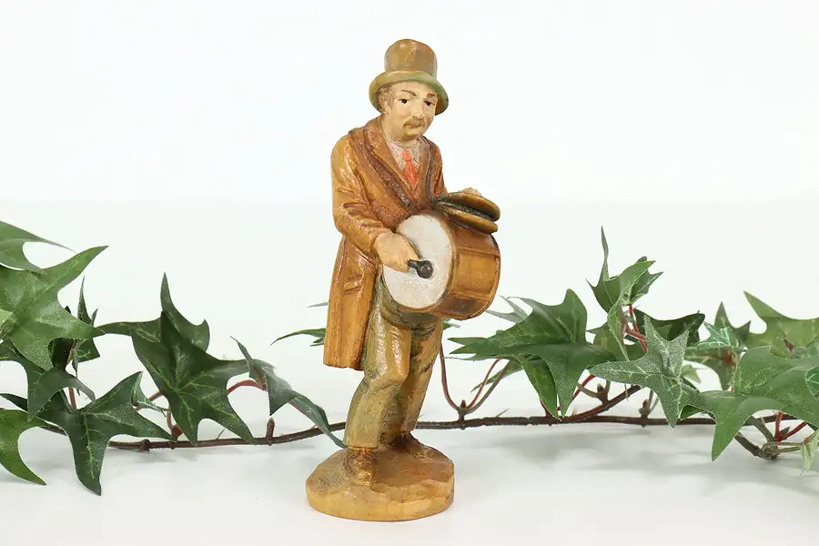 Main image of Man Playing Drum Hand Carved Vintage Alpine Sculpture