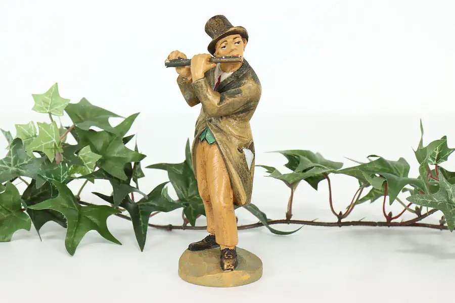 Main image of Man Playing Flute Hand Carved Vintage Alpine Sculpture