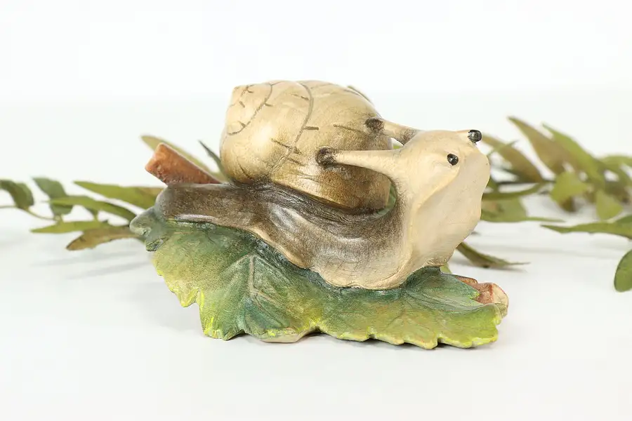 Main image of Hand Carved Vintage Painted Snail on Leaf Alpine Sculpture