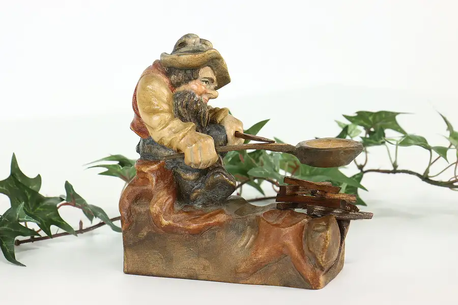 Main image of Man Cooking Over a Fire Carved Vintage Alpine Sculpture