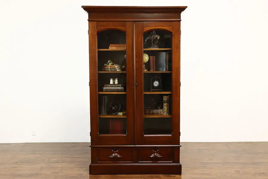 Main image of Victorian Antique Walnut Office Library Bookcase, Wavy Glass Carved Pulls