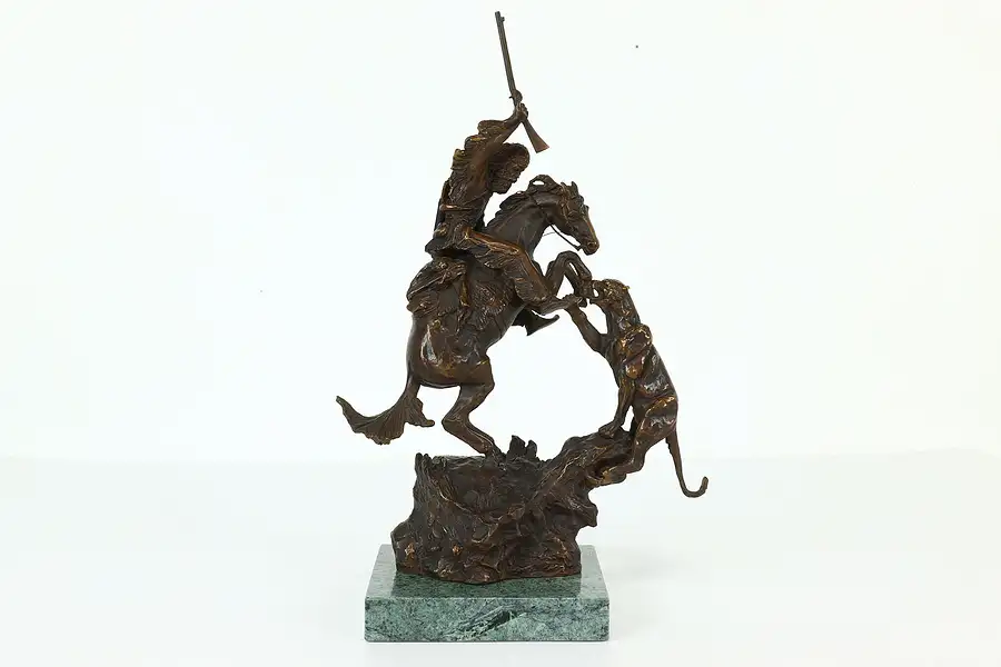 Main image of Mountain Man & Cougar Bronze Vintage Sculpture Marble Base, after Russell