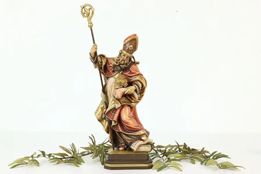 Main image of St. Ambrose Patron of Milan & Beekeepers Vintage Hand Carved Sculpture