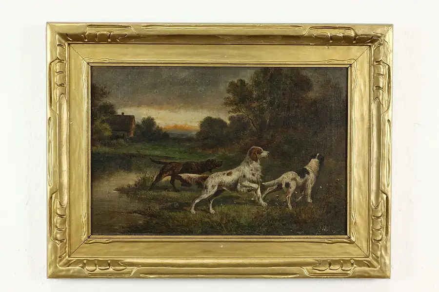 Main image of Hunting Dogs Pointing Victorian Original Antique Oil Painting Milno 23.5"