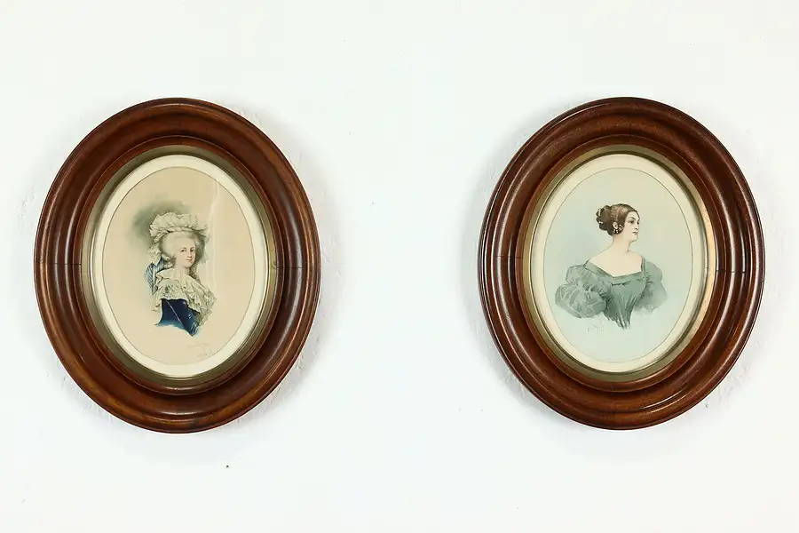 Main image of Oval Pair of Portraits Antique Original Watercolor Paintings, Grylls 14" ]