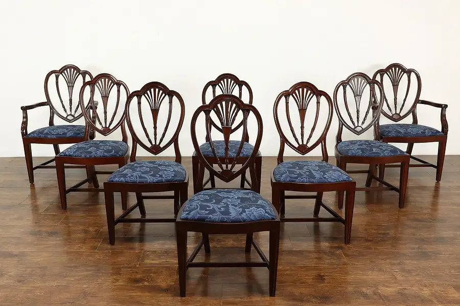 Main image of Set of 8 Georgian Vintage Shield Back Dining Chairs, New Upholstery