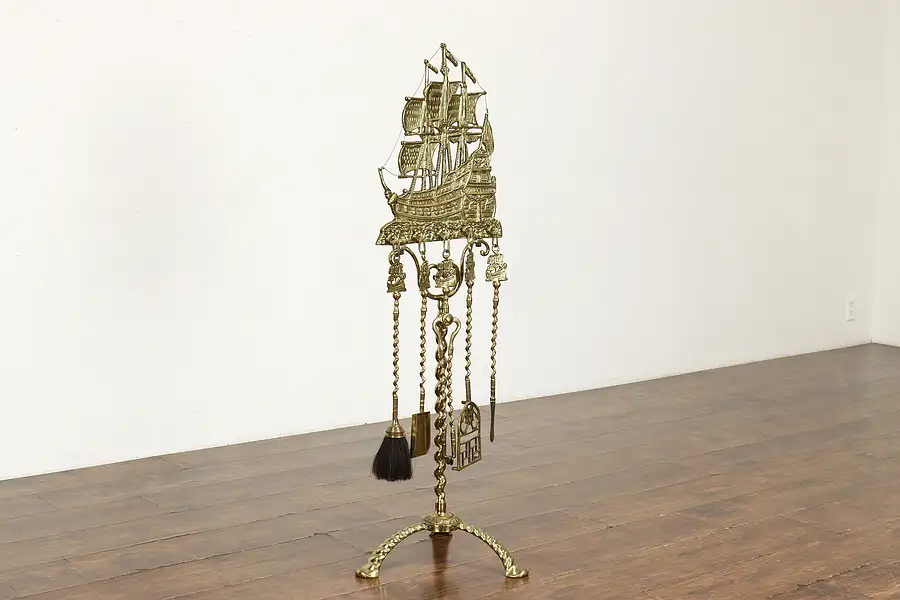 Main image of Fireplace Hearth Brass Tools & Stand, Vintage Dom Fernando Ship Motif