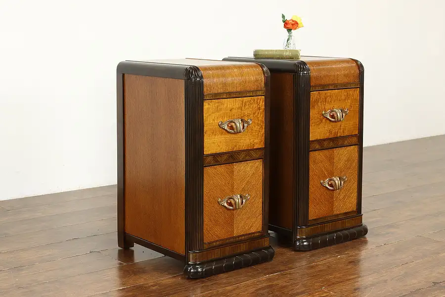 Main image of Pair of Art Deco Waterfall Vintage Nightstands End Tables, Bakelite Pulls