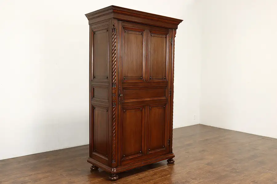 Main image of Victorian Eastlake Antique English Carved Walnut Linen Armoire Wardrobe